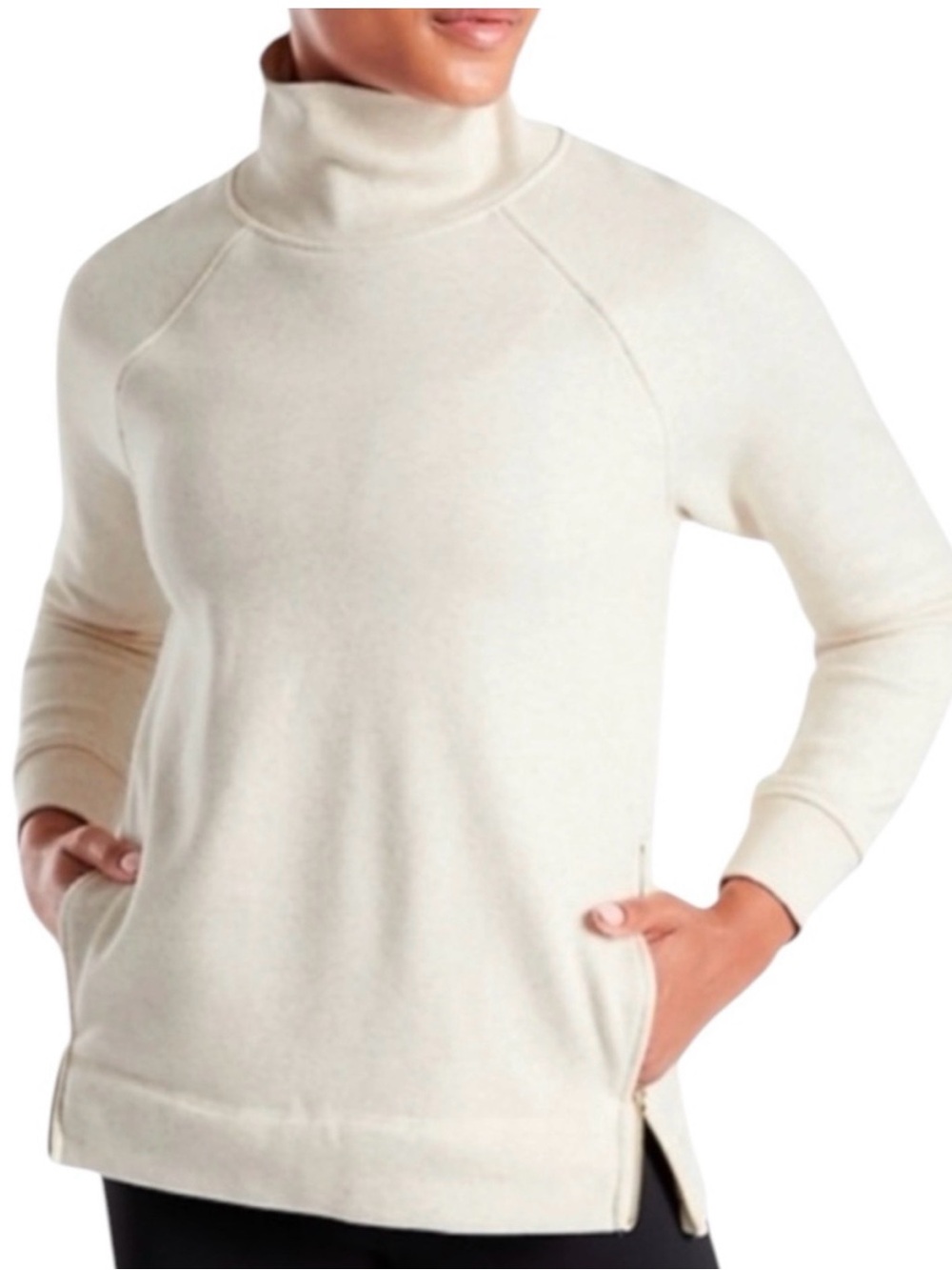 Athleta Cozy Karma Side Zip Funnel Neck Sweatshirt Oatmeal Heather Women's Small